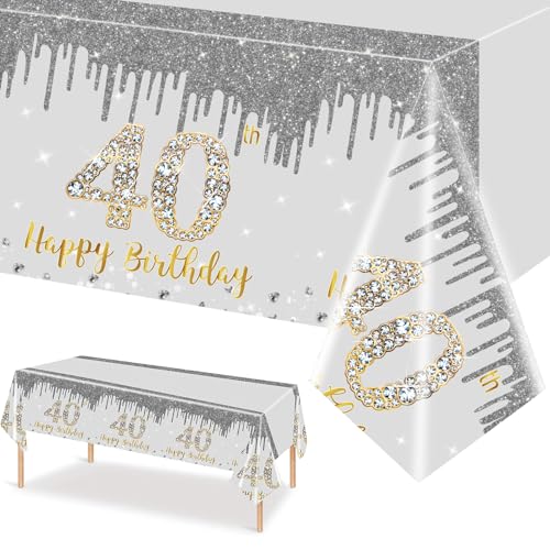 MORAINJAY 40 Geburtstag Tischdecke,137x274cm Silbernes mit Gold Tischdecke für Mann Frau 40 Geburtstag Party, Rechteckige Tischdecke für Geburtstag Party Deko zum 40.