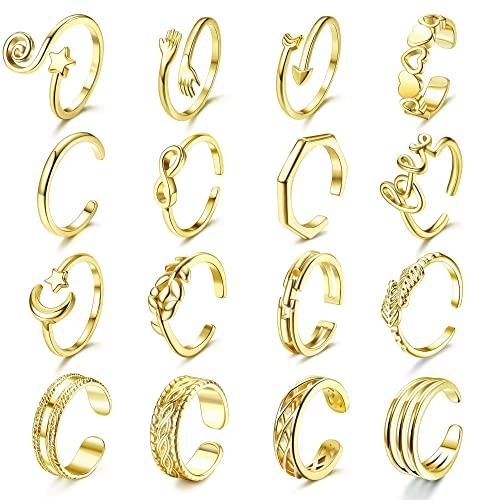 Milacolato 15Pcs Zehenring für Damen 14K vergoldet Ajustable Ringe Moon Star Herz Umarmung Blatt Offene Ringe Knöchel Midi Schwanz Pinky Ringe Sommer Fuß Zehenringe Schmuck