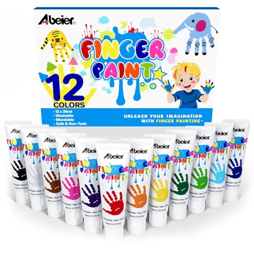 ABEIER Fingerfarben Kinder Ungiftig, Waschfest, 12 x 36ml, Auswaschbar Kleinkinder Fingermalfarben, Kind Farbe für Abdrücke,Sicheres Malzubehör für Kindergarten Schule Frühes Lernen, zu Hause