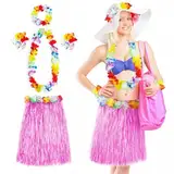 Aomig Hawaii Mottoparty Kostüme Set Rock, Hawaiian Gras Hula Rock Sets, 60cm Lange Hawaiianischer Grasrock mit Halskette Armbänder Haarblume Grasröcke für Cheerleading Strand Party Ostern (Rosa)