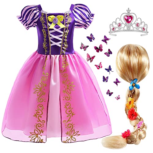 Tacobear Rapunzel Kostüm Kinder Prinzessin Kleid Mädchen Prinzessin Kostüm mit Rapunzel Kleid Prinzessin Perücke Krone Verkleidung für Geburtstag Party Weihnachten Halloween Karneval (120)