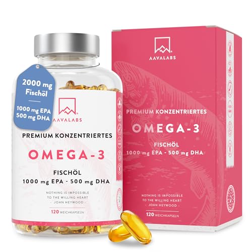 Omega 3 Kapseln Hochdosiert 2000mg Omega 3 Öl 1000mg EPA + 500mg DHA pro Tagesdosis (2 Premium Omega 3 Fischöl Kapseln) - Omega-3-Fettsäuren Kapseln - 120 Kapseln Fischöl Omega 3 Hochdosiert 60 Tage