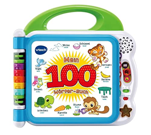 VTech Baby Mein 100-Wörter-Buch – Interaktives Bilderbuch zum Lernen erster Wörter mit 12 bilingualen Seiten in Deutsch-Englisch – Für Kinder von 2-5 Jahren