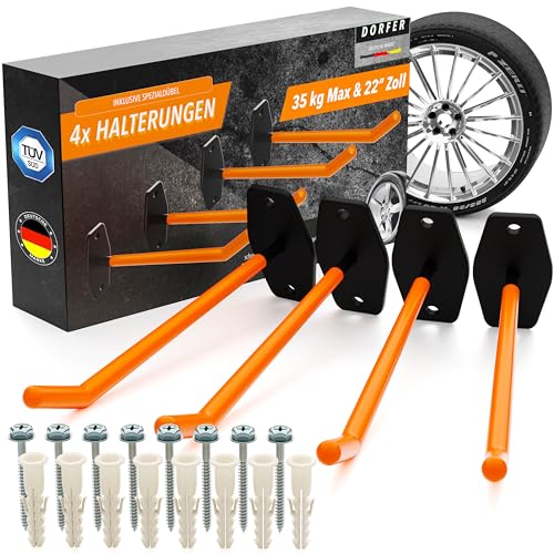 Dorfer Reifen Wandhalterung 4er Set | 4X Reifenhalter Wandhalterung gehärteter Stahl inkl. Spezialdübel & Sicherheitsschrauben 60mm | Felgenhalter Wand | Autoreifen Wandhalterung | TÜV Zertifiziert