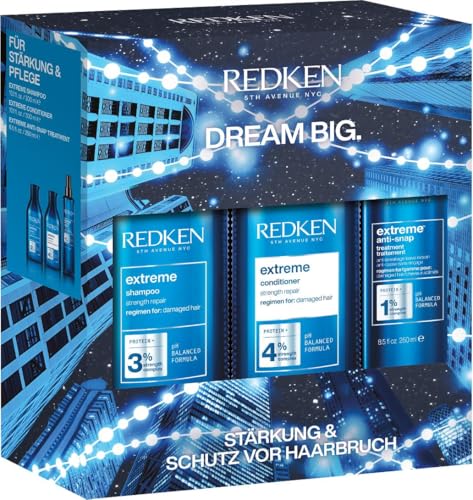 Redken Pflegeset mit Shampoo 300ml, Conditioner 300ml & Anti-Snap Spray 250ml für sprödes und geschädigtes Haar, Anti Haarbruch, Mit Interlock Protein Network, Extreme