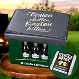 CULT at home Bierkasten Aufsatz Grillen Chillen – Gartenhocker Bierkastensitz inkl Bierdeckel Memospiel - Sitzauflage für Bierkiste Getränkekiste - Hocker für Balkon Camping 44x34 cm Geschenk Vatertag