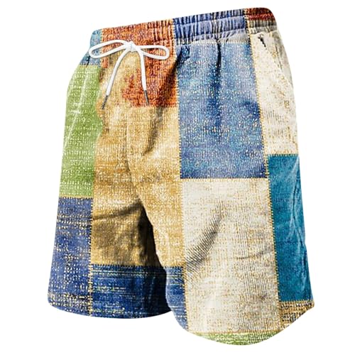 Generisch Männer Kurz Regular mit Bedruckte 3D-gedruckte lässige Vintage-Karierte Urlaubs-Strandhose, lockere Shorts für Herren Herren Kurz Sporthose Shorts für Festivals Party (White, M)