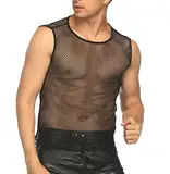 ROSVAJFY Herren Muskelshirt Ärmellos Netz, Mann Tanktop Transparent, Männer Netzhemd Atmungsaktiv, Herrens Netz Shirt Trägershirt Sport Top Gym Clubwear Fischnetz Sexy Schwarz (Schwarz, S)