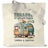 Kiddle-Design Zuhause ist wo wir Parken personalisierter Jutebeutel mit Wunschnamen für Camper Pärchen Tragetasche Einkaufstasche Tasche Camping