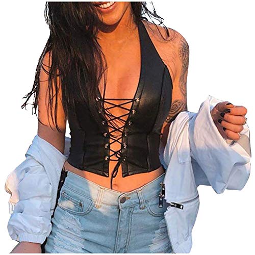 Allegorly Lack Leder Crop Top Damen Leder-Optik Bustier Korsett Bauchfrei Wetlook Shirts Kurz Sexy Tanktop Leder Spaghetti BH Top Oberteile Bekleidung