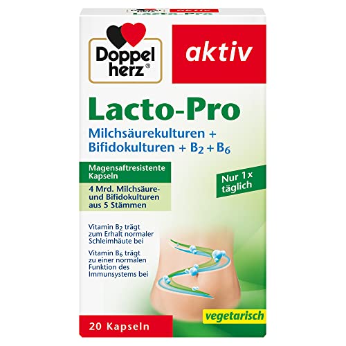 Doppelherz Lacto-Pro Milchsäurekulturen + Bifidokulturen + B2 + B6 - Vitamin B6 trägt zu einer normalen Funktion des Immunsystems bei - 20 vegetarische und magensaftresistente Kapseln