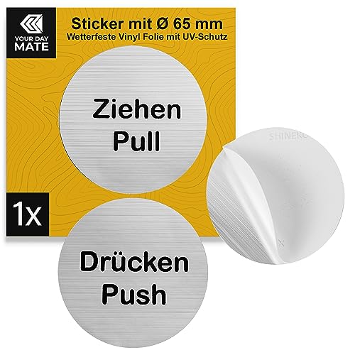 Aufkleber Set "Drücken Ziehen Push Pull", 1 Paar, Ø 65 mm, Design 1, selbstklebende Folie, Türschild Sticker für Innen- und Außenbereich, Hinweis Schild Klebesticker, Glastürschild, Push Pull Sticker