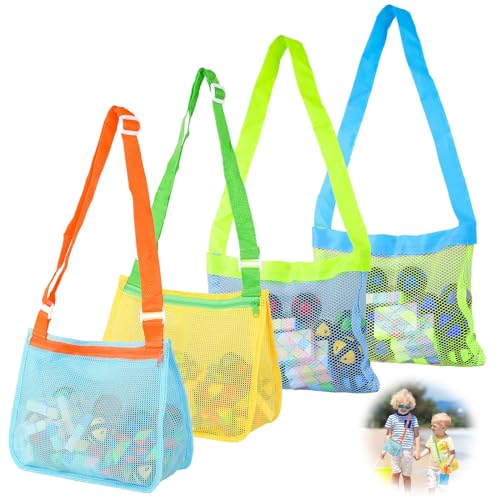 4 Stück Strandspielzeug Tasche für Kinder,Sandspielzeug Tasche mit Verstellbaren,Wiederverwendbare Muschel Sammeltasche mit Reißverschluss für Strand Zubehör/Wasserspielzeug Kinder,für Jungen Mädchen