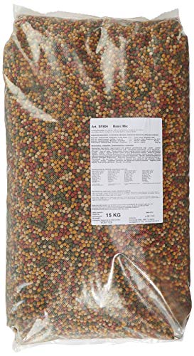 AquaForte Hochwertiges schwimmendes Grundfutter für Zierfische 15 kg (± 40 Liter) Medium Pellets 6mm, Vier verschiedene Fischpellets, Rohprotein: 32,3%, Rohfett: 4%, Rohzellulose: 4,5%, Rohasche: 5,6%