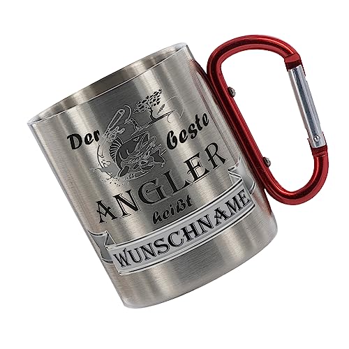 Crealuxe Edelstahltasse mit Karabiner 'Der Beste Angler heißt Wunschname' Tasse personalisiert, Kaffeetasse, Bürotasse, Metalltasse mit Name