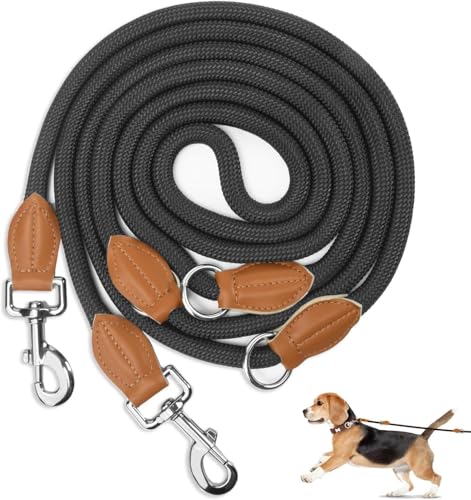 PETCOOZ Hundeleine 3 M Verstellbare Schleppleine mit 2 Karabiner, Führleine Doppelleine für Mittelgroße Große Hunde, Verdickte Freihandleinen, Übungsleine aus Dauerhafte Nylon, Schwarz