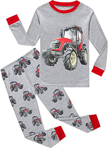 EULLA Kinder Jungen Schlafanzug Langarm Baumwolle Winter Pyjama Set Bagger Zweiteiliger Nachtwäsche 5 Jahre alt Größe 110 C-Grau Traktor DE 110