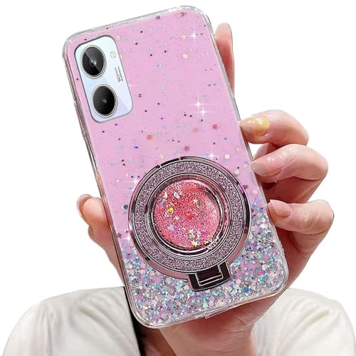 Tivenfezk Nadoli Sparkle Treibsand Ständer Hülle für Oppo Realme 10 4G,Versteckt Ständer Ring Klar Glitzer Stern Handyhülle Durchsichtig Bling Schutzhülle Case Cover,Rosa