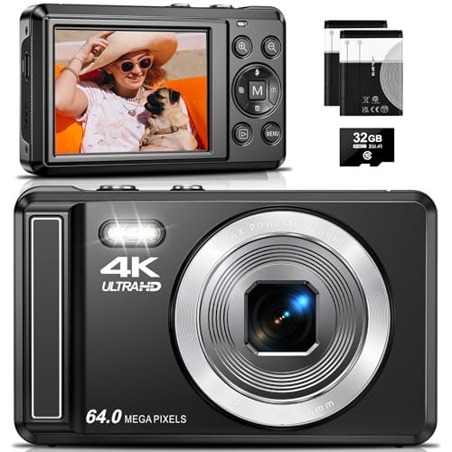 4K Digitalkamera, 64MP 2.8“ UHD Kompaktkameras - Autofokus Wiederaufladbare Vlogging Kamera mit 32GB Karte & 2 Akkus, Tragbare Reisekameras mit 16X Digitalzoom für Kinder Anfänger Jugendliche