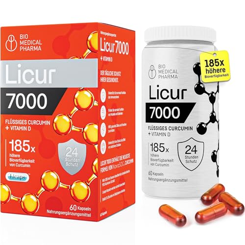 Kurkuma Kapseln mit Vitamin D3 – 185x höhere Bioverfügbarkeit – Hochdosiertes Mizellen Curcumin – 1 Kapsel täglich – entspricht 6.600 mg Kurkuma Pulver – Licur 7000 mit Vitamin D (2 Monatspackung)