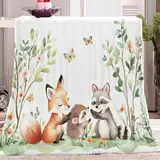 Kuscheldecken 130 x 150 cm für Schlafzimmer Sofa Aquarell Waldtiere Flanell Fleece Decke Für Kinder Jungen Erwachsene Weiß Aufdruck alle Jahreszeiten Decke