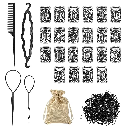 Hifot 24 Stück Bartperle Wikinger Rune Perlen Set, Haare Flechten Bart Perlen mit 400 Gummibänder und Einfädler Kamm, Armband Halskette Anhänger DIY Dreadlocks Schmuck, Nordische Haarperlen Silber