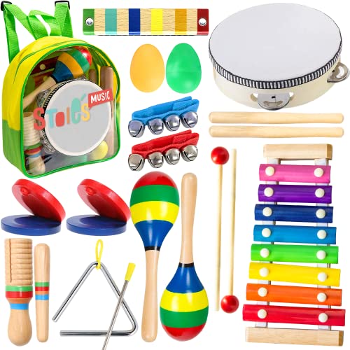 Stoie's Musikinstrumente Kinder ab 3 Jahre 19-teiliges Montessori Instrumente Kinder Rasseleier Baby Klanghölzer Musikspielzeug Trommel Musik Instrumenten