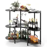 COSTWAY Bartisch Küche, 3 Ebenen Hausbar, Küchentheke mit Glashalter, Theke Bar mit Metallrahmen, Minibar Weinbarschrank, verstellbare Füße, 120 x 66 x 102 cm (Schwarz)