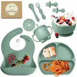 O'doe 11-teilig Baby LED-Entwöhnungszubehör für Kleinkinder, Babyfütterungsset | Saugnapf-Silikon-Babyschale, selbstverzehrende Utensilien mit Löffeln, Tassen, Lätzchen, Essteller-Set mit | Grün, V1