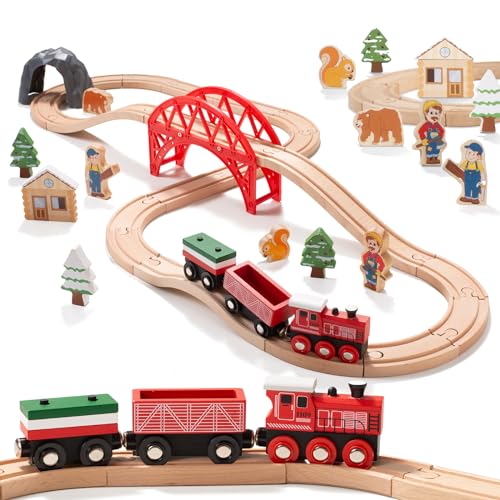 Giant bean Holzeisenbahn Set für Kleinkinder, 36 Pcs Wald Themen Holzeisenbahn Spielzeug, für Kinder, Jungen und Mädchen von 3–7 Jahren, Passend für Thomas The Train, Brio, Melissa & Doug und Zugtisch