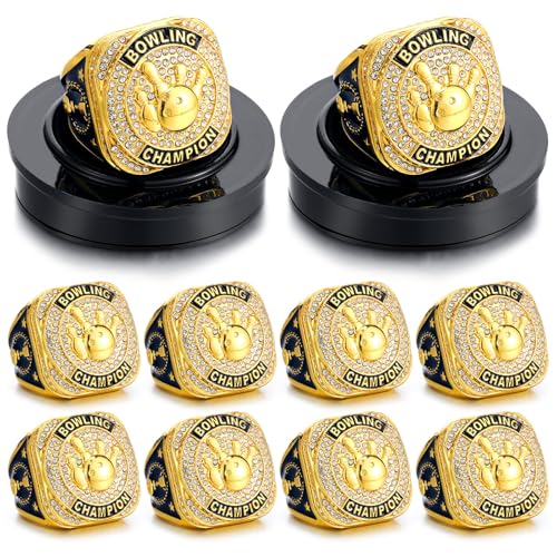 Highergo Meisterschaftsringe mit Display-Hals-Kette und Ständer, Baseball, Volleyball, Basketball, Fußball, MVP, wertvollste Trophäenringe für Turniergewinner, Auszeichnungsgeschenk (Gold, Bowling),