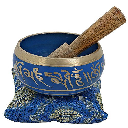 Handgemachte Tibetanische, buddhistische klangschale aus Metall - 10 cm, Meditationsinstrument mit Klöppel und Kissen