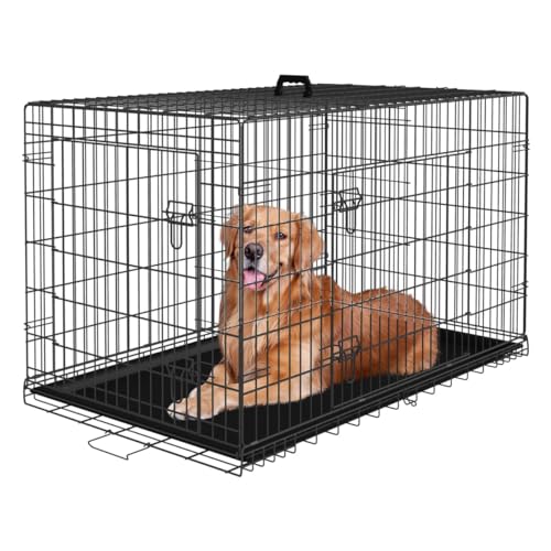 Faltbarer Hundekäfig mit 2 Türen, herausnehmbares Tablett, 122 x 75 x 81 cm, Transportkäfig für Hunde, Kaninchen, Welpen und Haustiere, aus Metall, Schwarz