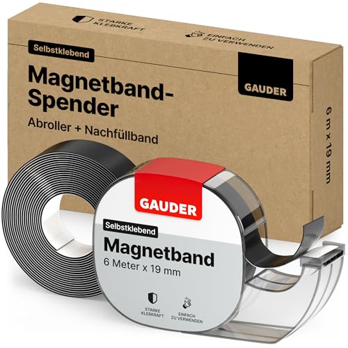 GAUDER Magnetband selbstklebend im Spender (+1x Ersatz-Magnetband) I Magnetklebeband I Magnetstreifen (6 m)