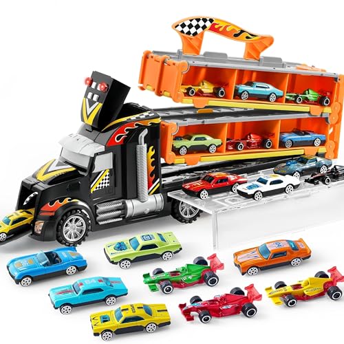 JOYIN Transporter Truck Spielzeugautos für Jungen ab 3 4 5 6, 12 Leichtmetall Rennautos mit 2 Werfern, Tragbares Rennbahn Truck Spielzeugauto mit Lichtern und Sound, LKW Spielzeug Set für Kinder 3+