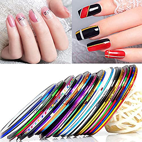 PKOUVOO 30 Stück Nail Art Dekoration Linie Nagelsticker, Mehrfarbige Acryl Nagelformen Klebeband DIY Design Nail Art Aufkleber (Mehrfarbig)