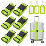 Flintronic 6-Stück Premium Gepäckgurt Koffergurt Kofferband Einstellbare rutschfest Gepäckband Lang kofferbänder Luggage Strap + 3 Stück Kofferanhänger Sicher Reisen für Koffer - Grün