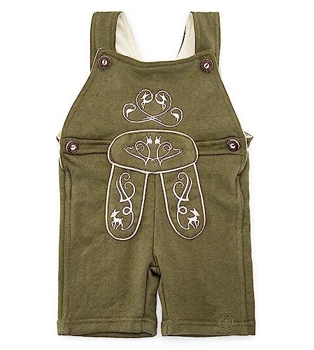 Baby Trachten Latzhose – Kinder Lederhose aus Terry-Fleece mit Stickereien – Strampler - Overall Trachtenhose Joni (86-92, Olive/grün)