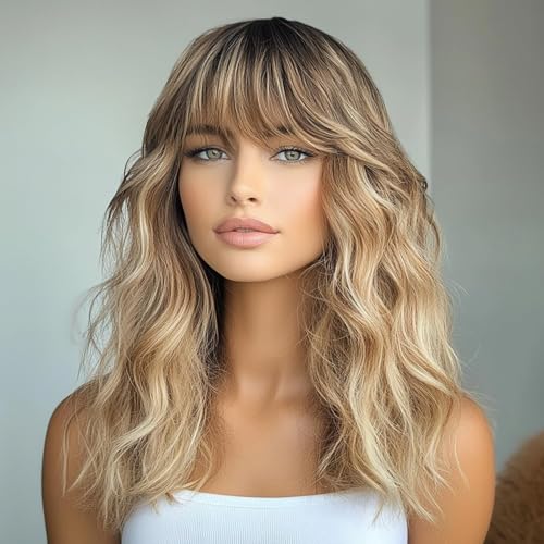 SIMKAYLEE Gewellt Lange Ombre Blonde Perücke mit Pony für Frauen locken Mittellang Blond Perücken Damen Halblang für den täglichen Gebrauch Party Medium Length Ombre Blonde Wigs (40cm)
