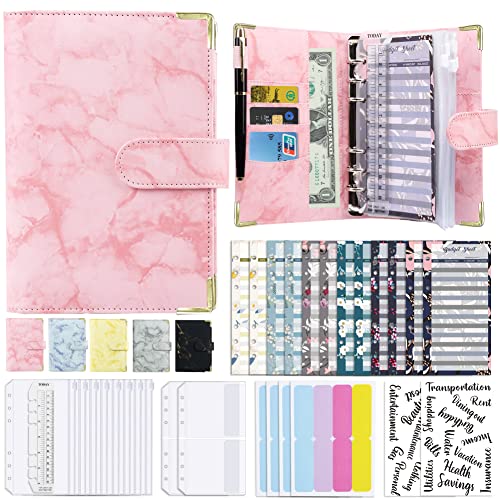 Budget Binder, Cash Envelopes for Budgeting, Money Organizer for Cash, 28Pcs Budget Binder with Cash Envelopes, Marble 6-Ring Money Saving Binder(pink)