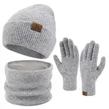 ZASFOU Damen Winter Beanie Mütze Schal Touchscreen Handschuhe Set Warme Wintermütze Loop Schal Schlauchschal Winterhandschuhe Weihnachten Geschenk für Frauen,Lichtgrau