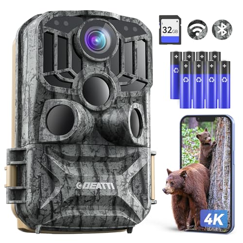 DEATTI Wildkamera mit Handyübertragung APP, 4K 48MP HD WLAN Bluetooth Wildkamera mit Bewegungsmelder Nachtsicht, 120 °Weitwinkel Wildtierkamera, IP66 Wasserdicht, 32GB SD Karte und 8*AA-Batterien