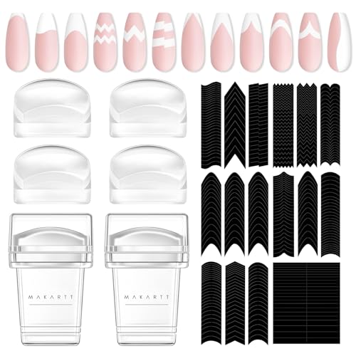 Makartt 12 STK French Nail Art Stamper Kit,2 STÜCKE Gelee-Nagelstempel 4 Stück austauschbarer Stempelkopf aus Silikon und 6 Blatt French-Maniküre Kanten-Hilfs-Nagelführungsaufkleber