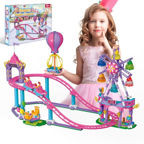 AKWME Mädchen Friends Pink Achterbahn Bausteine Spielzeug, Vergnügungspark Riesenrad STEM Konstruktionsspielzeug mit, Partygeschenke Geschenke für Kinder Mädchen und Jungen ab 6 7 8 9 10 11 12+ Jahre