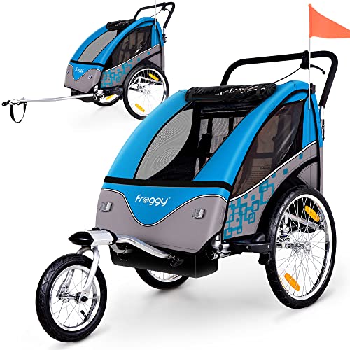 FROGGY Kinder Fahrradanhänger 360° Drehbar mit Federung - 2in1 Joggerfunktion, 5-Punkt Sicherheitsgurt, Jogger Fahrrad Kinderanhänger für 1 bis 2 Kinder max. 40kg, Cyan Blau