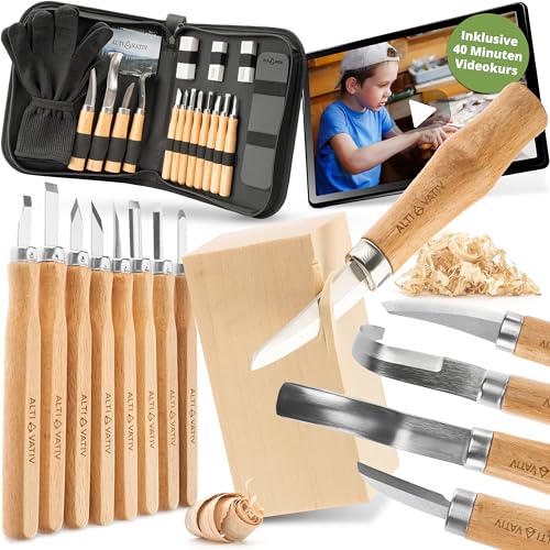 ALTIVATIV - Holzschnitzwerkzeug Set - [40 MINUTEN SCHNITZ VIDEOKURS] Schnitzmesser Set (18-teilig) Kinder & Erwachsene - Handschuhe, Schleifset & Messertasche