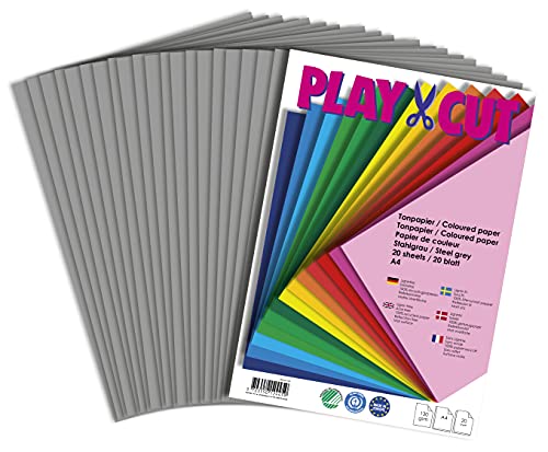 PLAY-CUT Tonpapier A4 Stahlgrau (130g/m2) | 20 Bogen Din A4 Papier zum Basteln Drucken | Dickes Bedruckbares Bastelpapier Set und Druckerpapier A4 | Premium Tonzeichenpapier & Craft Paper