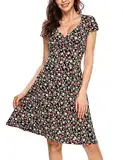 Beyove Damen Jersey Kleid Blumen Skaterkleid V-Ausschnitt Sommerkleider Muster Jerseykleid Sexy Kurz oder Langarm A-schwarz M