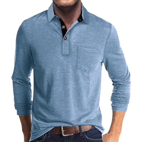 Poloshirt Herren mit Bund Herren Polohemd Langarm Tshirt Herren Poloshirt Sommer Poloshirt Herren Arbeits Shirt Herren Langärmliges T-Shirt Herren Longshirt Herren Langarm Türkis 2XL