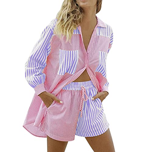 Pocket Shirt Suit Women Matching Sleeved Color Shorts Gestreifter Damen Fleece Jogginganzug Temperament Anzüge Bequeme Komfort Taille Schmal Eng Identität Sport Elegante Atmungsaktiv (Blue, L)